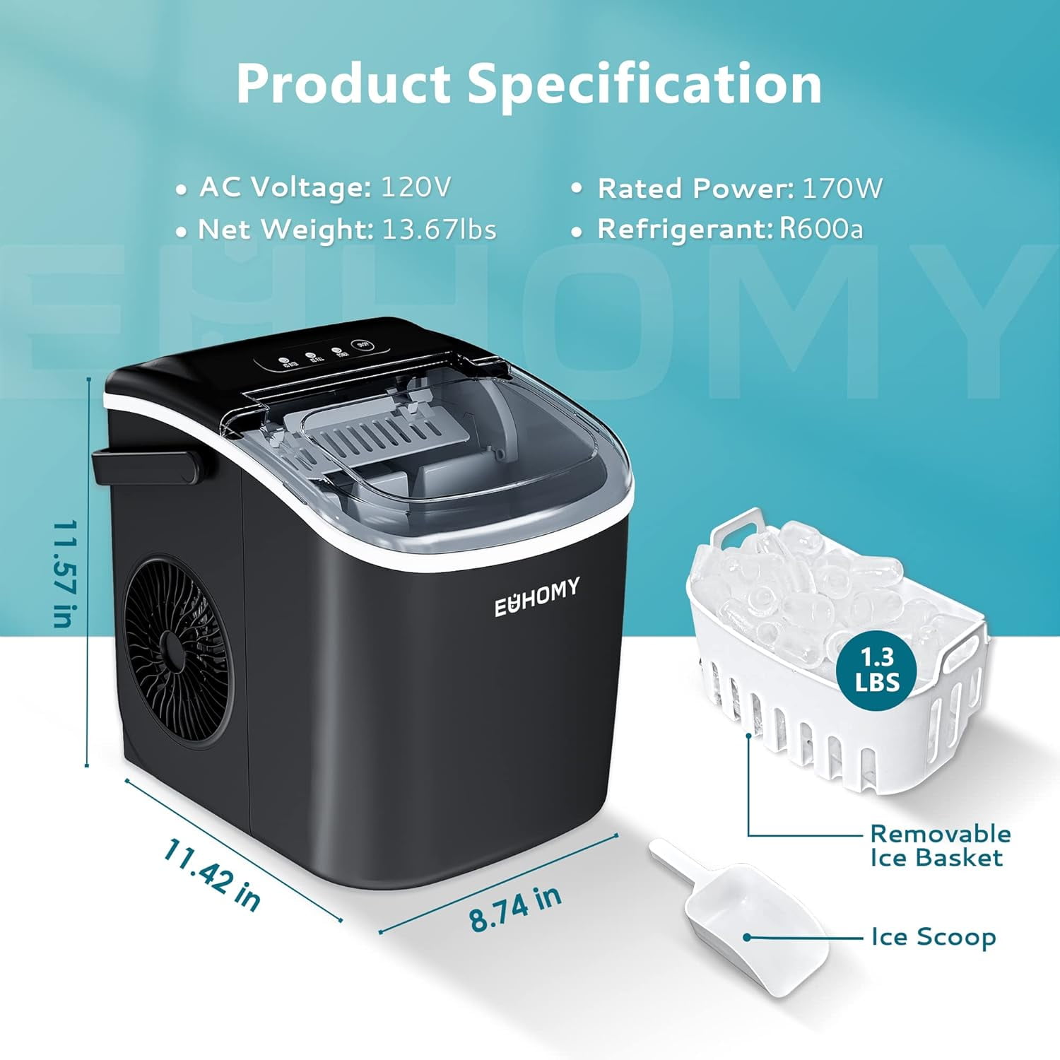 EUHOMY Countertop Ice Maker Machine with Handle, 26lbs in 24Hrs, 9 Ice Cubes Ready in 6 Mins, Auto-Cleaning Portable Ice Maker with Basket and Scoop, for Home/Kitchen/Camping/RV. - Image 9