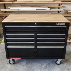 46 in. W x 24.5 in. D 9-Drawer Gloss Black Deep Tool Chest Mobile Workbench with Hardwood Top and Power Station